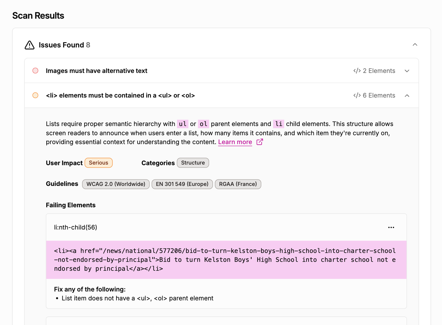 Accessibility issue details panel showing the affected element, WCAG rule, and fix instructions
