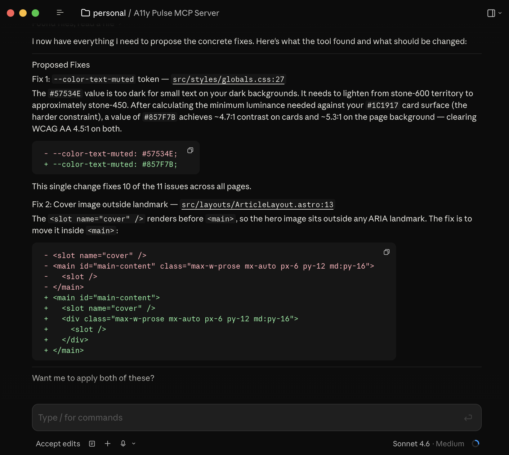 AI coding agent proposing accessibility fixes based on A11y Pulse scan data