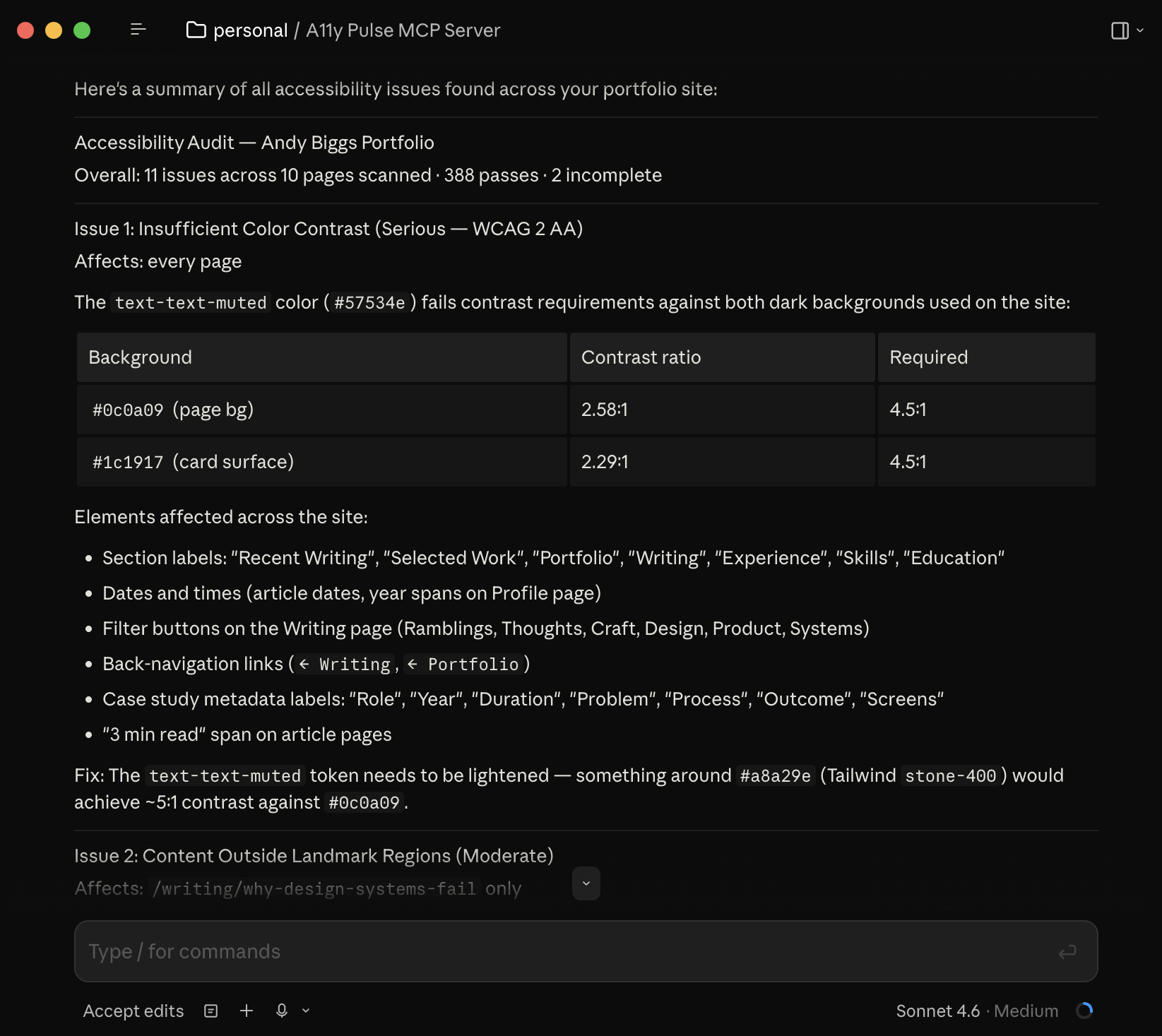 Accessibility issues surfaced inside an AI coding editor via the A11y Pulse MCP server