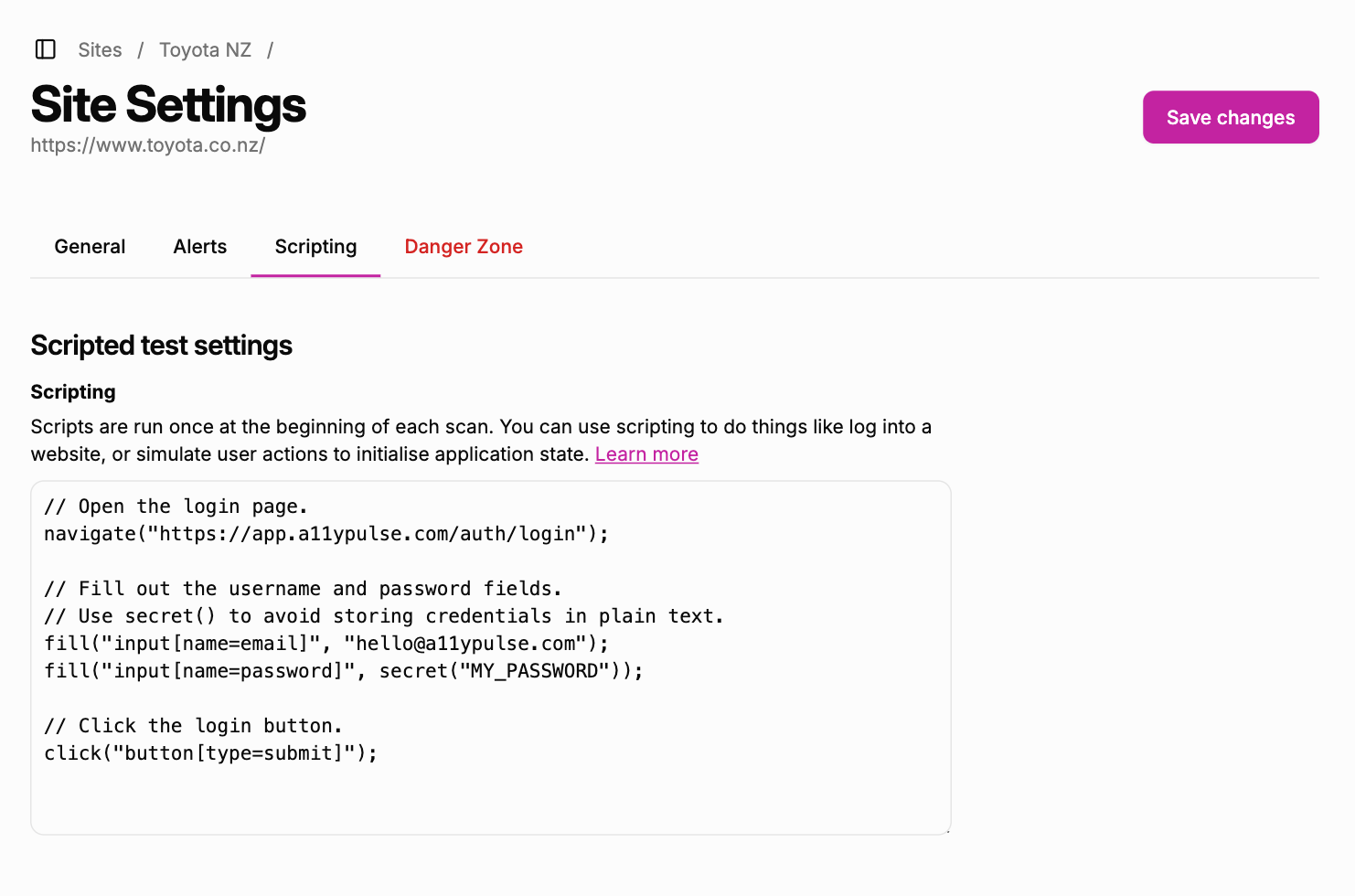 Script editor showing a login automation script for authenticated accessibility scanning