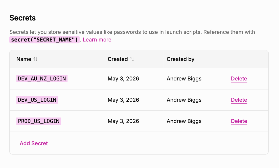 Script Secrets management screen showing encrypted credentials stored by name